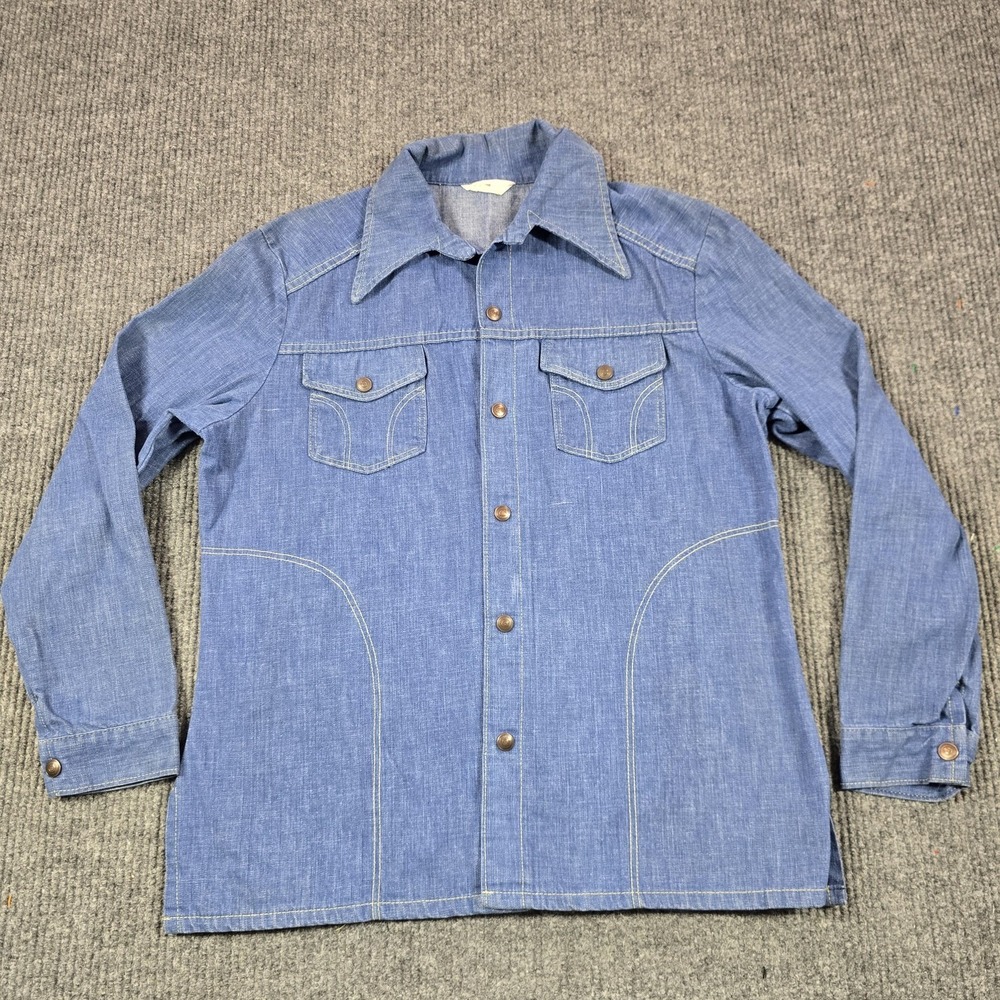 Montgomery Ward Shirt Jacket Blue Denim Snap Front Chambray Long Sleeve - Picture 2 of 10